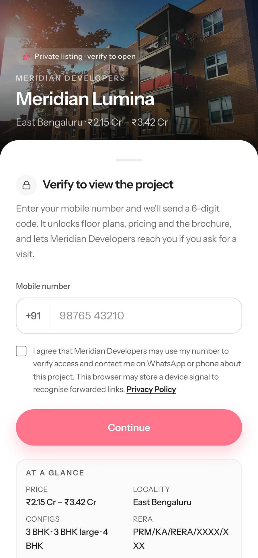Verification screen: the buyer enters a mobile number to unlock the project page.